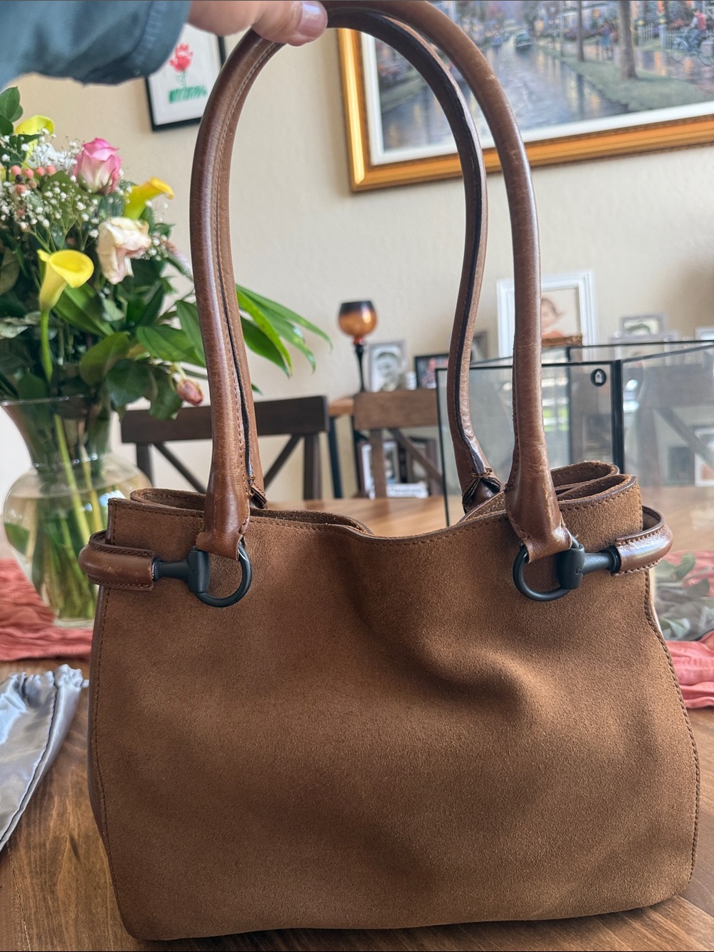 Gucci Brown Suede Shoulder Bag with Leather Handles